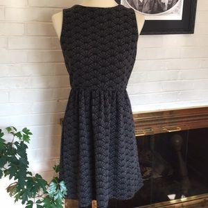 LOFT Grey  and Black Patterned Fit & Flare Dress